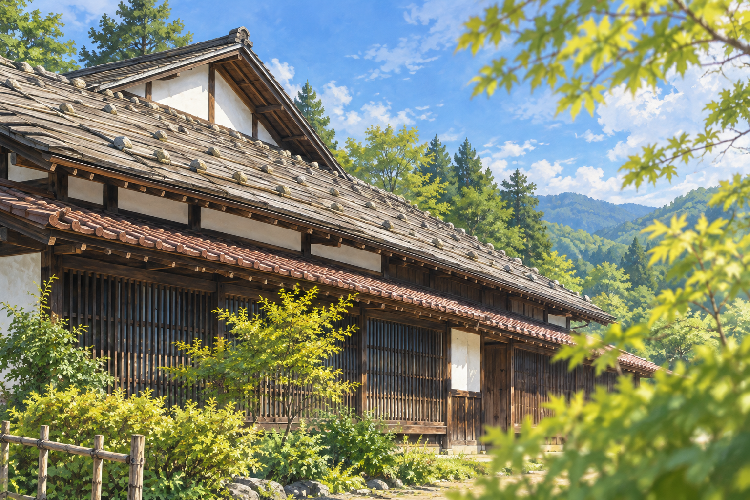 関川村の渡邉邸をモチーフに、長く連なる木造の外観と白い壁、石を置いた屋根や前の木々を描いた創作イラスト。建物や屋根・石・木々・光と配置は創作と簡略化を含み、正確な建築や現在の外観・営業・通行・安全を示す写真ではありません