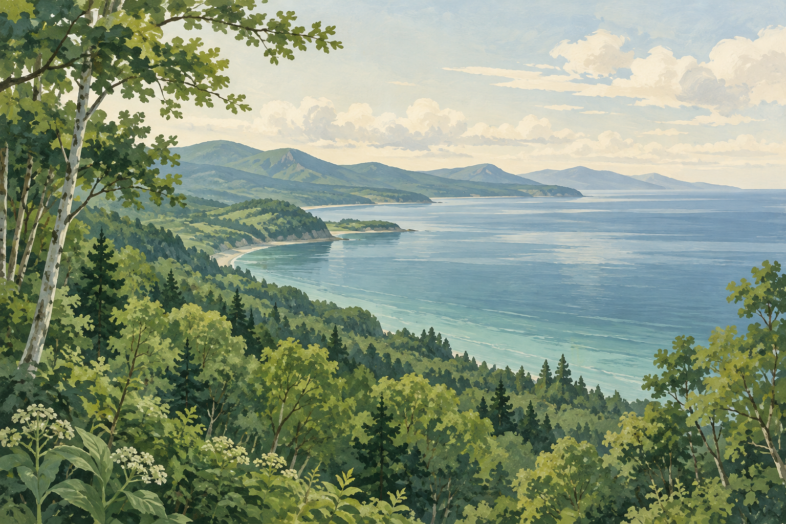 斜里町をイメージした、緑の森と広い海のイラスト