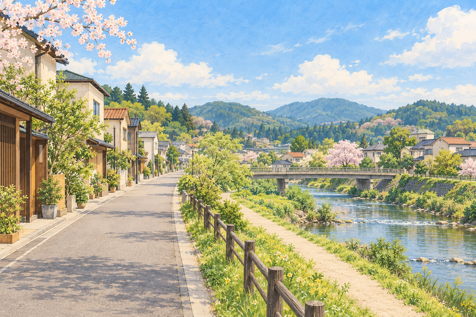 柴田をイメージした、川沿いの緑の道と小さな橋、日常のお店や家々、桜と低い丘がある架空の町のイラスト
