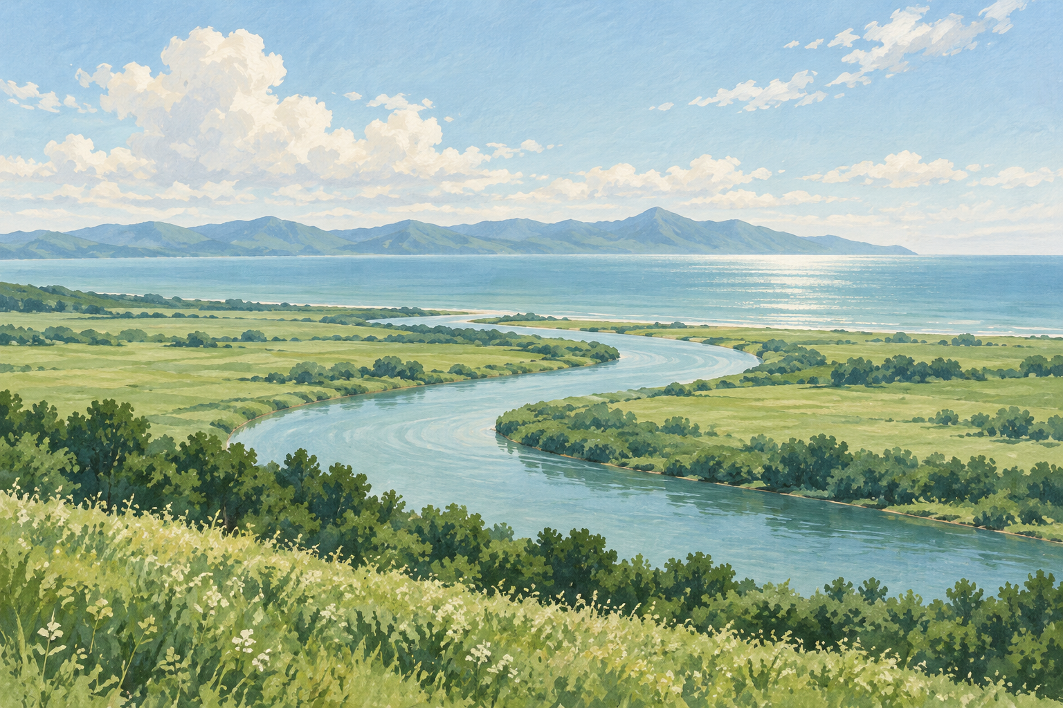 北海道標津町をイメージした、川が海へ注ぐ草地と遠くの山並みのイラスト