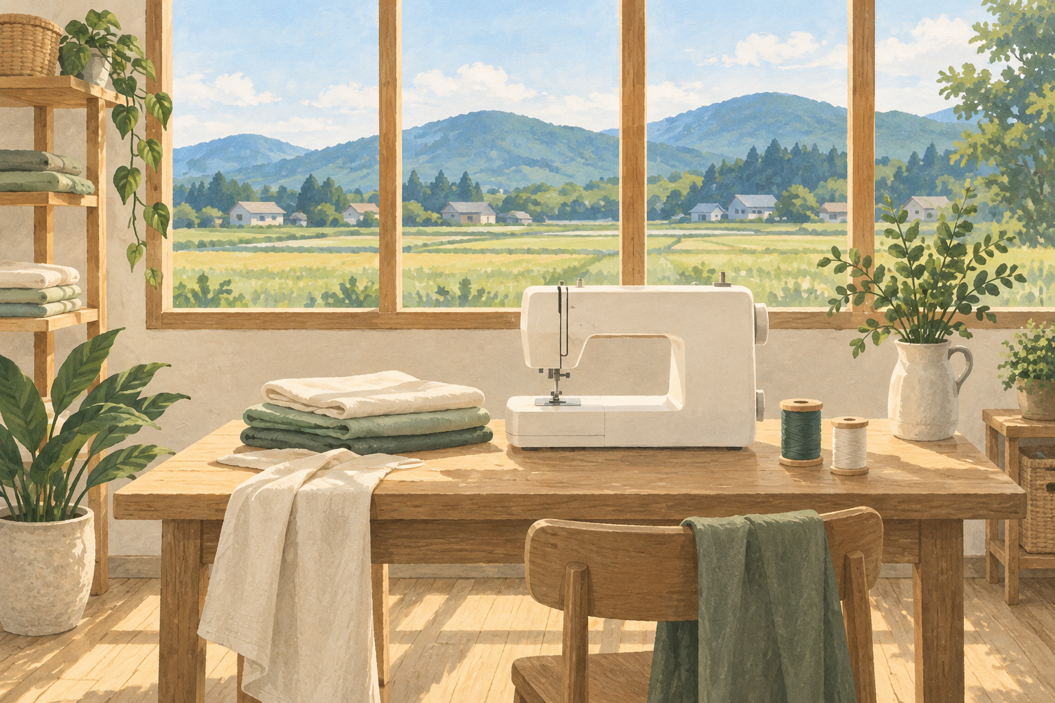 七戸町をイメージした、田園を望む工房にミシンと布を描いたイラスト