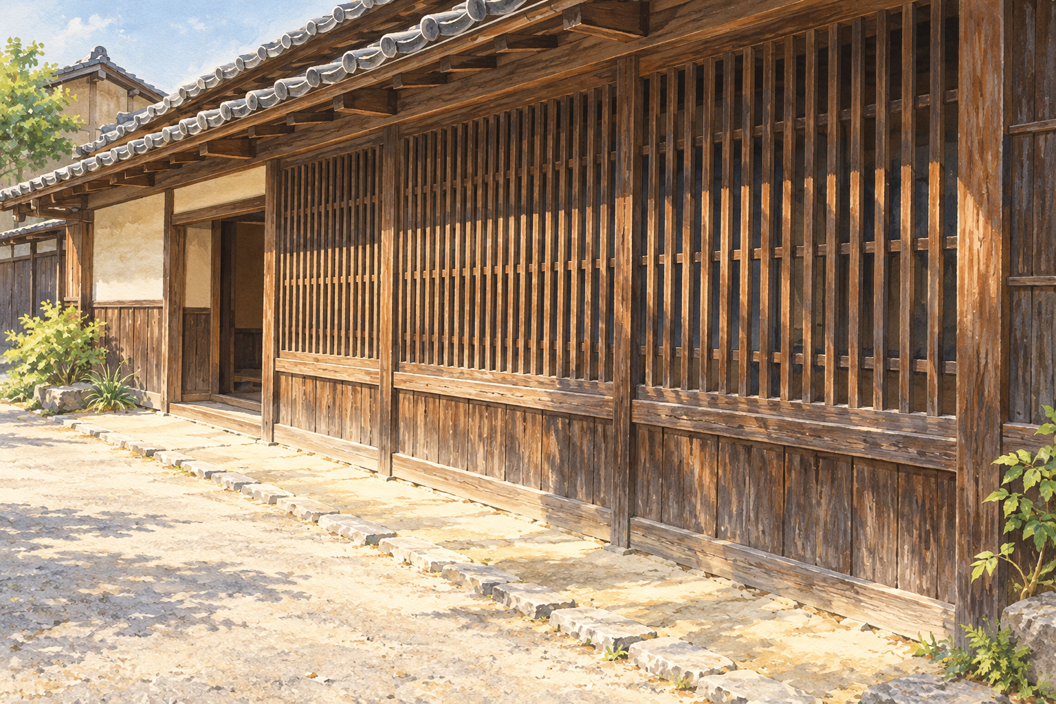 島田市公式の川越遺跡の番宿の写真をモチーフに、低い木造の格子戸と瓦屋根、軒下の影と明るい前庭を別構図で描いた創作イラスト。建物や街路の正確な復元、現在の配置、見学や通行の可否を示す写真ではありません