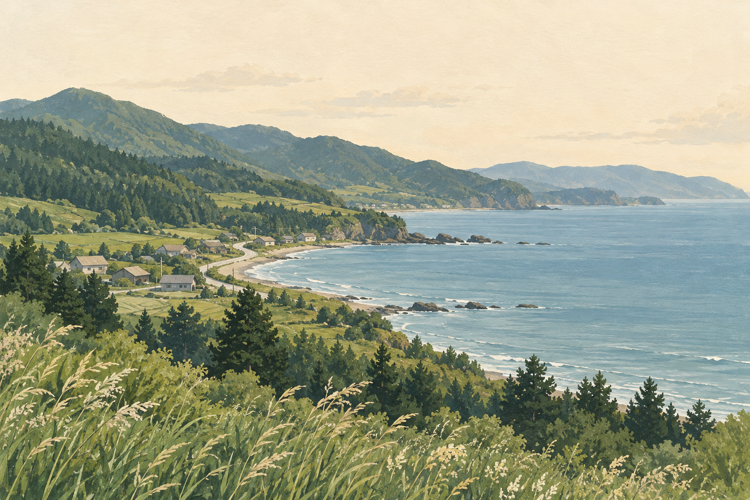 島牧村の雰囲気をイメージした、海沿いの集落と緑の山々のイラスト