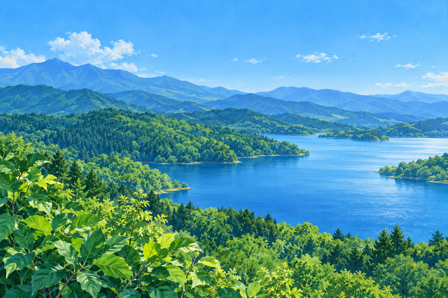 信濃町紹介の湖と森・青い山並みをモチーフに、左手前の深緑の葉と右奥へ開く青い湖面を別構図で描いた創作イラスト