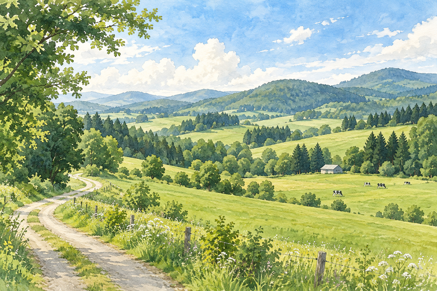 新郷村の酪農と自然をイメージした、牧草地と森林の架空の風景のイラスト