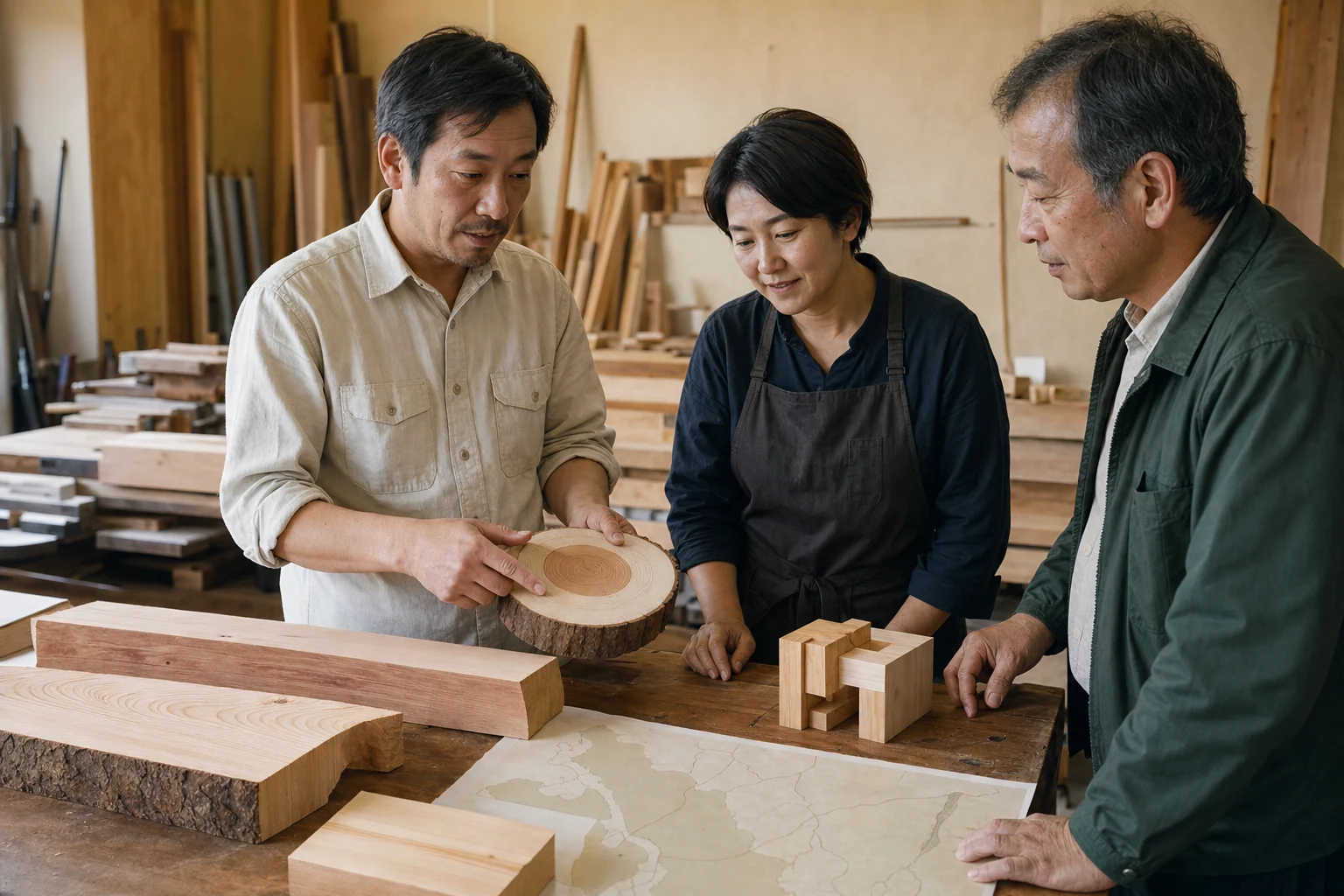 木材見本と地域の案内図を見ながら、会社の担当者と遠方の顧客へ伝える内容を話し合う様子