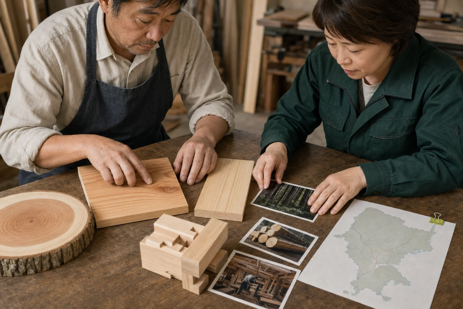 仕事場と商品を見ながら、取引、来訪、採用について必要な情報を整理する様子
