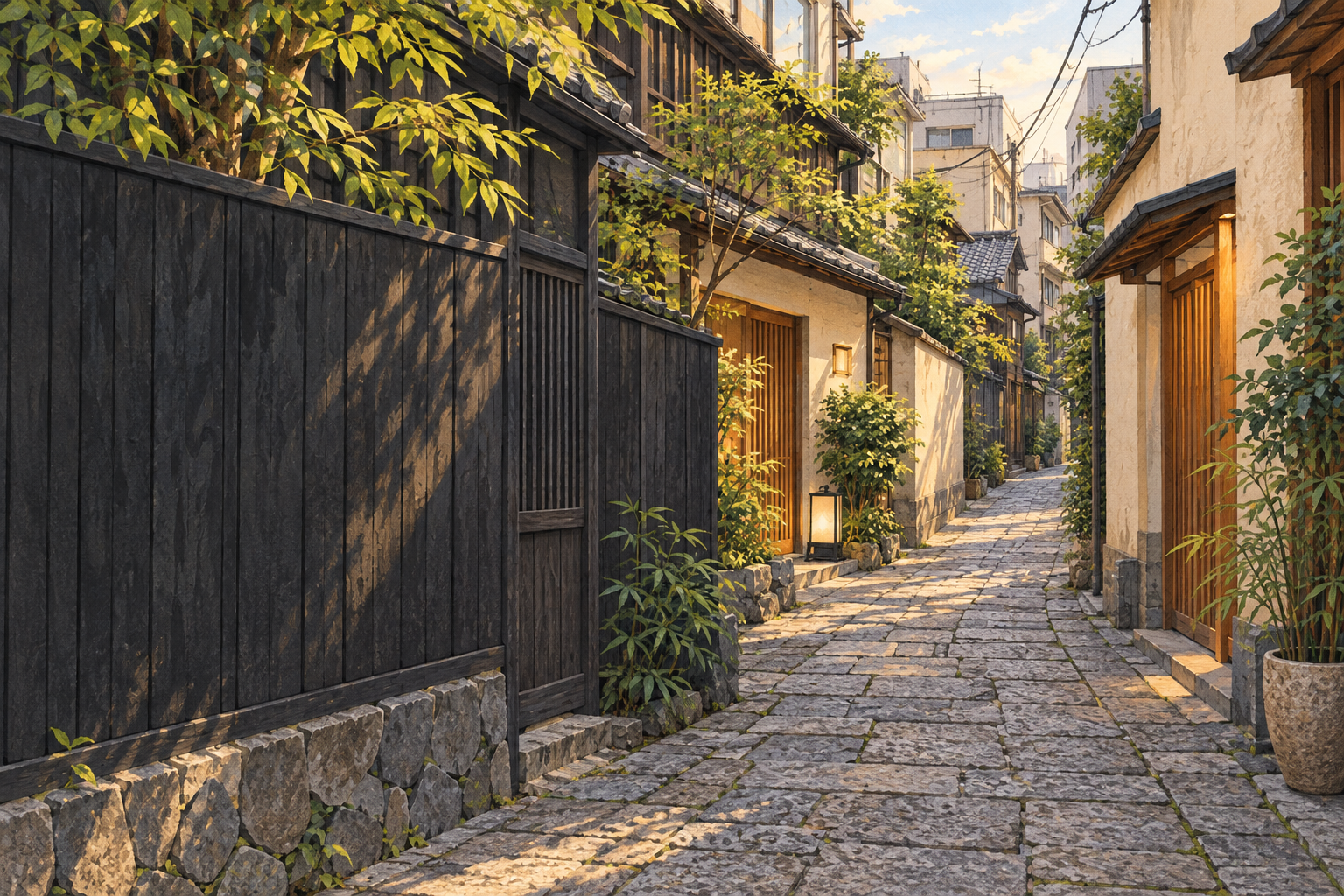 東京都新宿区・神楽坂の路地をモチーフに、黒い木の塀、白壁や木の玄関と灰色の石畳を描いた創作イラスト
