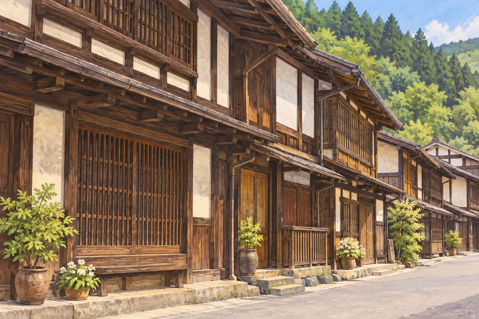 塩尻市公式の奈良井宿の町並み写真をモチーフに、深い軒と木の格子が続く家並み、奥の緑の山を別構図で描く創作イラスト。建物や通りの配置は創作と簡略化を含み、実在店舗や正確な街路、現在の営業・天候や通行の安全を示す写真ではありません