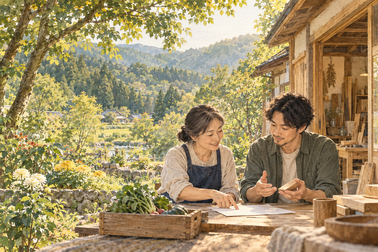 山あいの木の工房で、作り手と制作者が資料と木の見本を見ながら話すイラスト