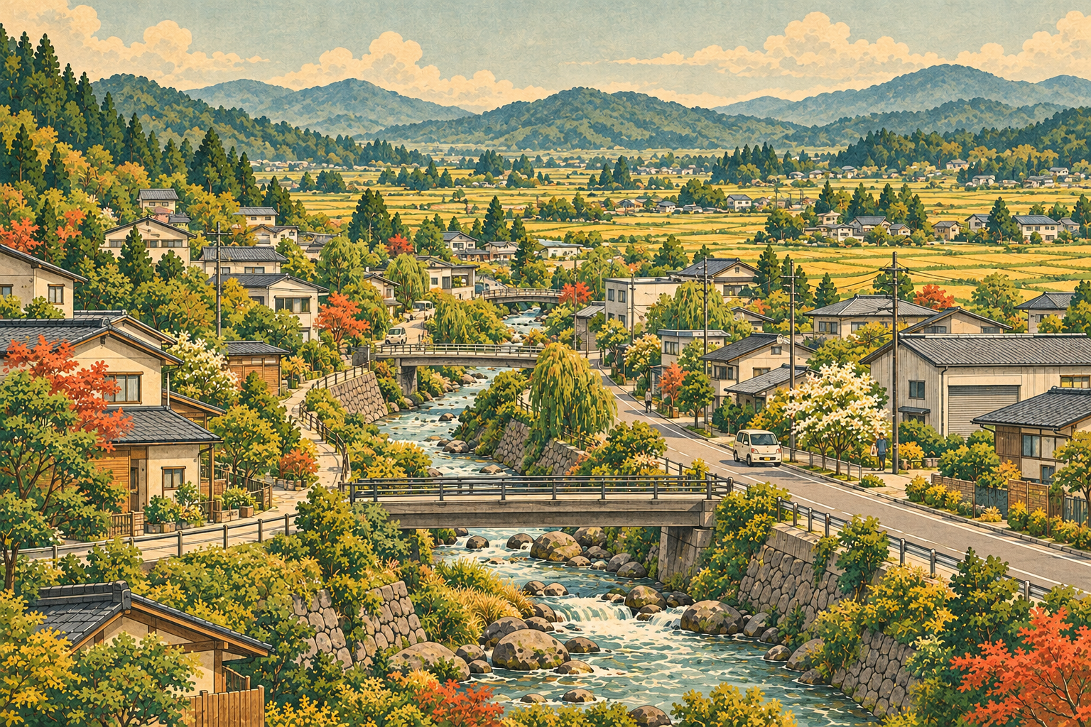 白河市の緩やかな丘、町の店や事業所、田畑と小川をイメージした創作イラスト。特定の場所や建物の実景、実在企業やBämの拠点ではありません。