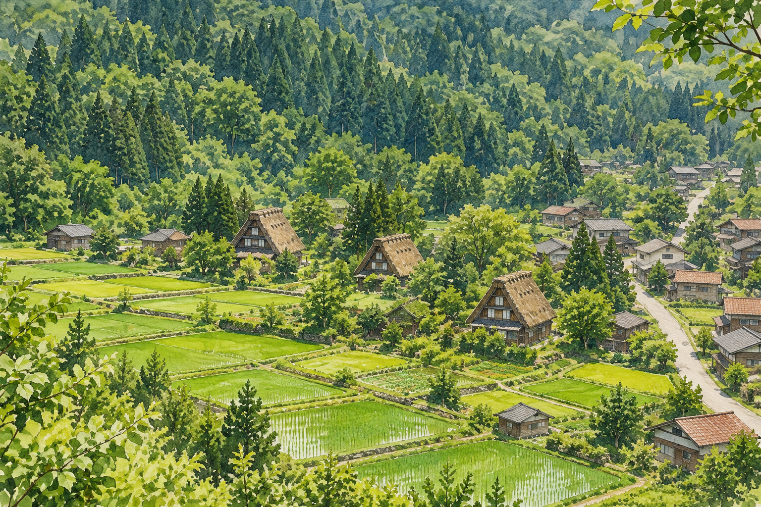 岐阜県白川村の荻町の景観をモチーフに、緑の田んぼと急な茅葺き屋根の家、右側の町並みと奥の森林を斜め上から描いた創作イラスト