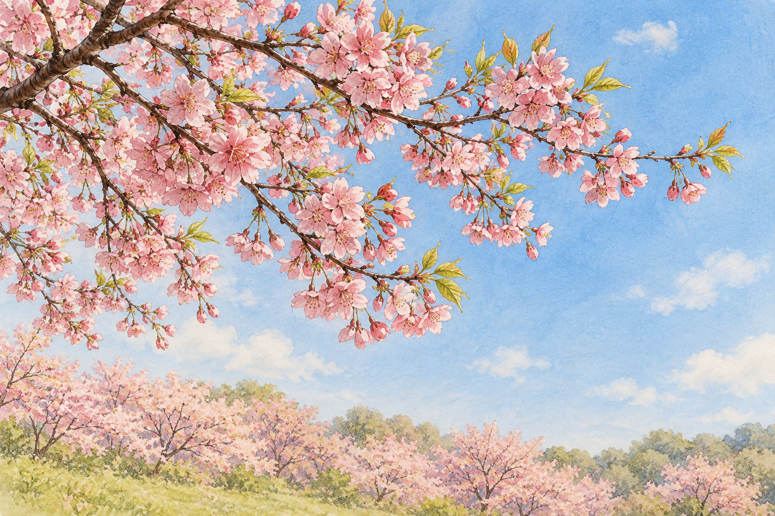 白子町の早咲きのしらこ桜をモチーフに、濃いピンクの小花と若葉が付く枝、青空を見上げるように描いた春の創作イラスト