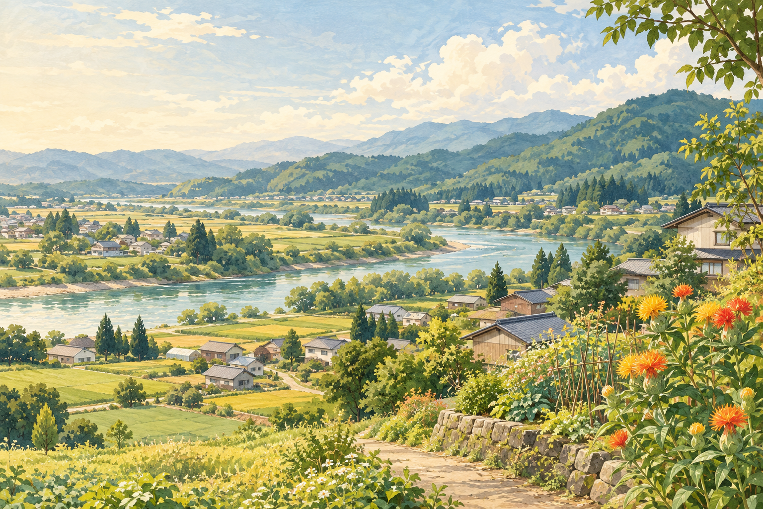 白鷹町の川沿いの田畑、紅花を思わせる花と山並みをイメージした創作イラスト。特定地点の実景、実在の企業・施設やBämの拠点を描いたものではありません。