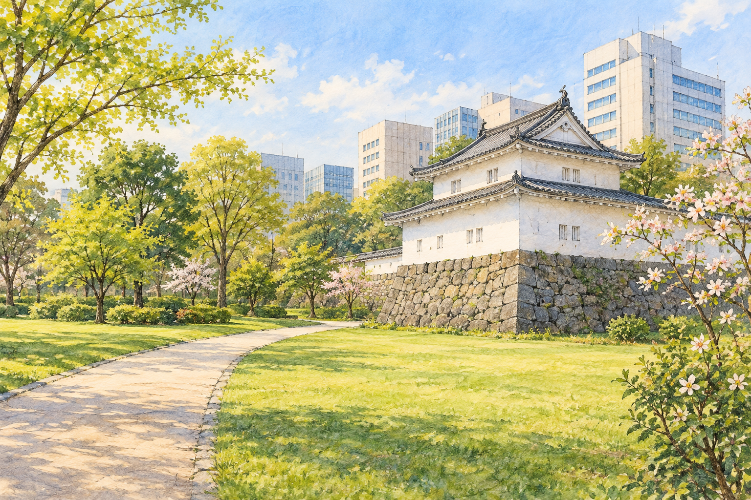 静岡市公式の駿府城公園の写真をモチーフに、白壁と瓦屋根の小さな櫓、背後の街のビル、芝生と園路を別構図で描いた創作イラスト。建物や道は創作・簡略化を含み、正確な建築の復元図や現在の写真・経路図ではありません