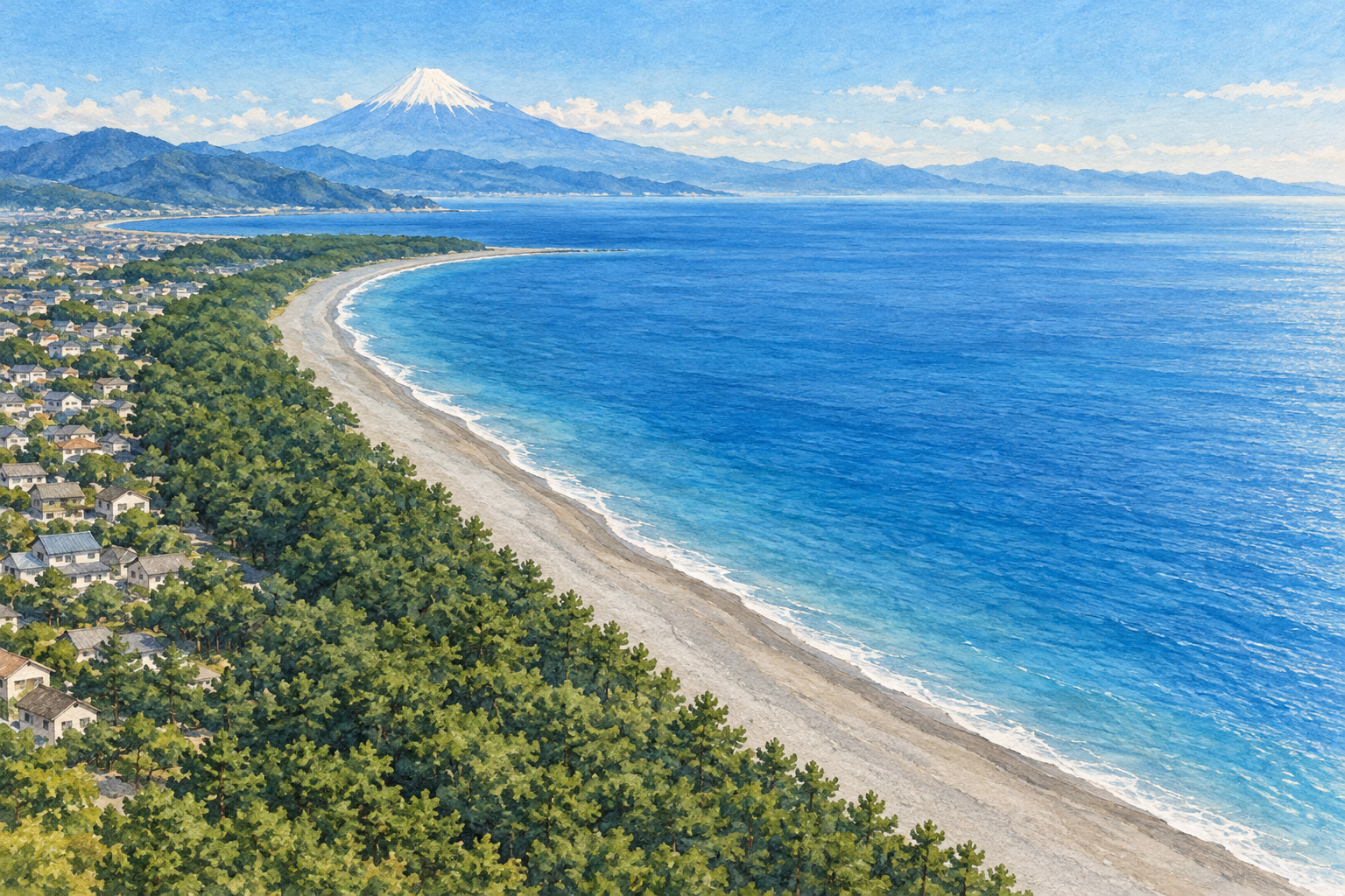 静岡県公式の三保松原の俯瞰写真をモチーフに、弓形の砂浜と松林、広い青い海、遠くの富士山を別構図で描いた創作イラスト。海岸線や建物は創作・簡略化を含み、現在の景観や海岸の安全、経路を示す写真・地図ではありません