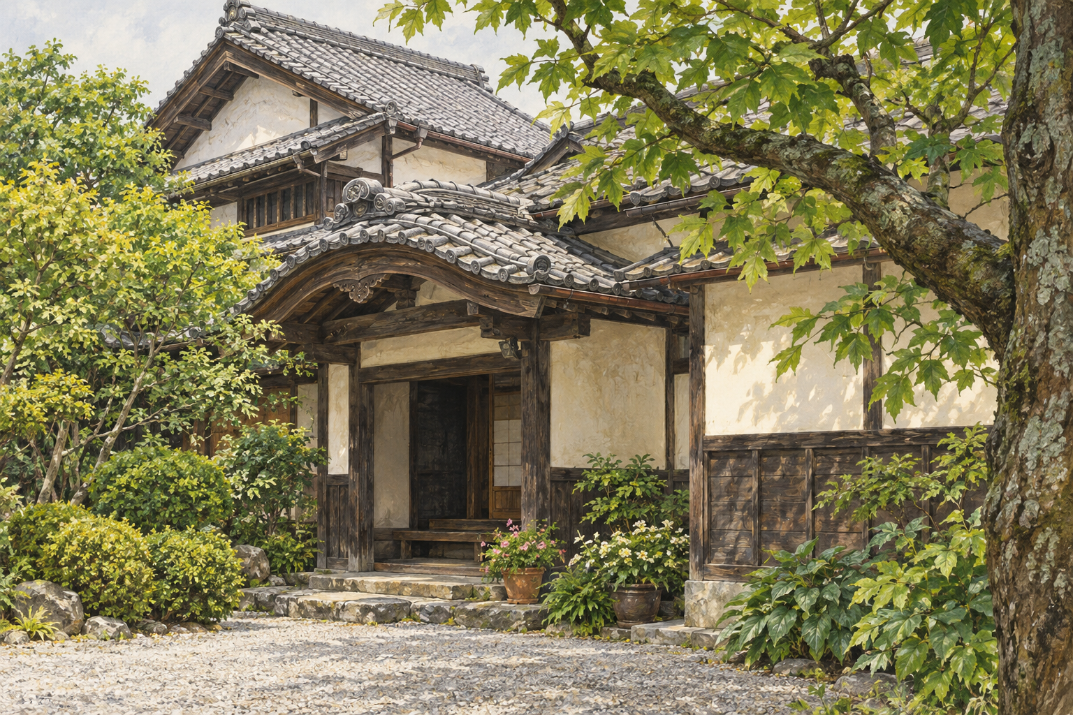 山梨県の公式写真にある昭和町風土伝承館杉浦醫院の建物外観をモチーフに、曲線のある瓦屋根と木の柱、淡い壁、庭の木陰を別の構図で描く創作イラスト。建物や庭の配置は創作と簡略化を含み、現況・改修の完了・現在の開館や立入状況を示す写真ではありません