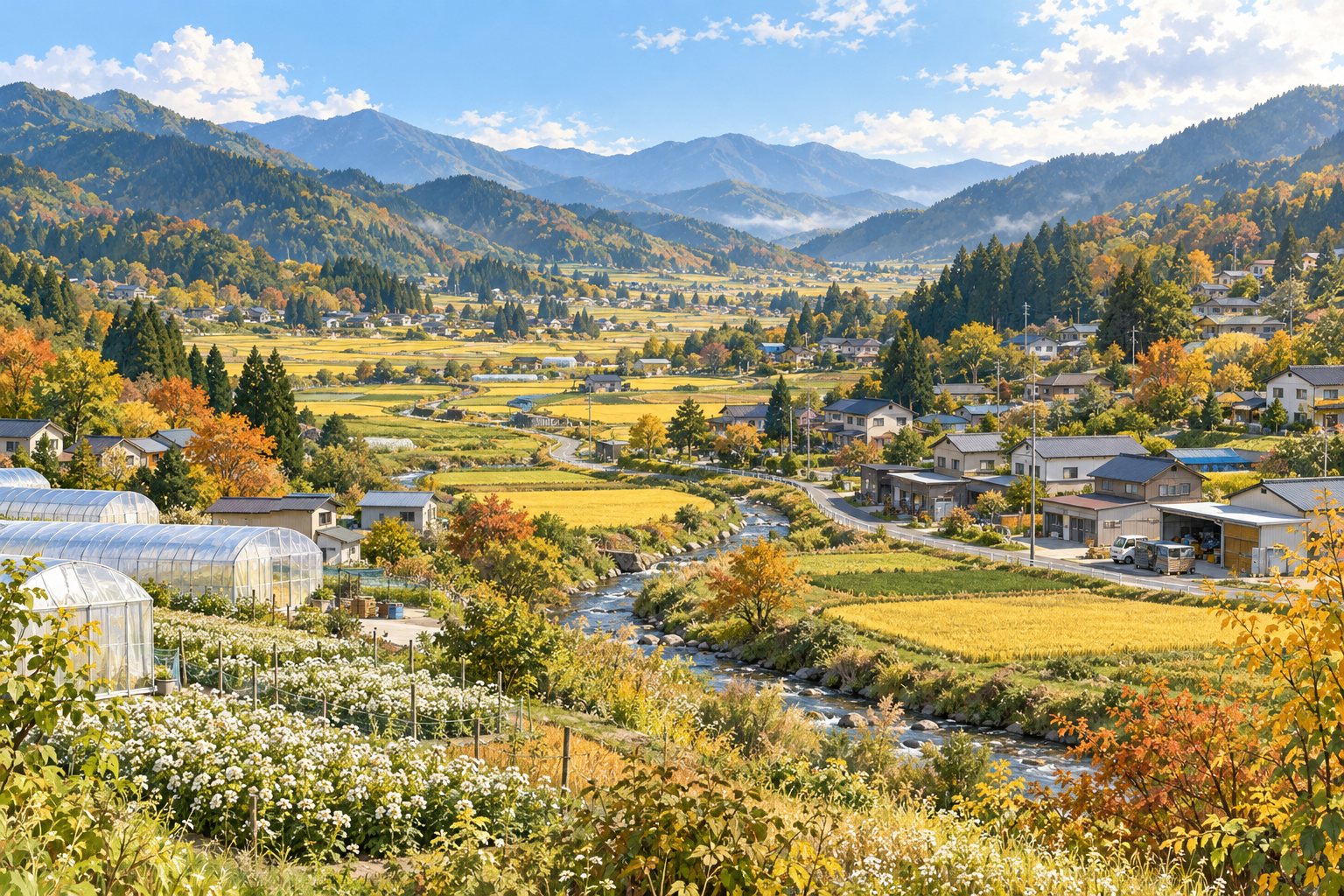 福島県昭和村の山々に囲まれた畑や田んぼ、花を育てる小さなハウスと現代の集落をイメージした創作イラスト。特定の花畑・農場・雪室・校舎・道の駅の実景、Bämの拠点ではありません。