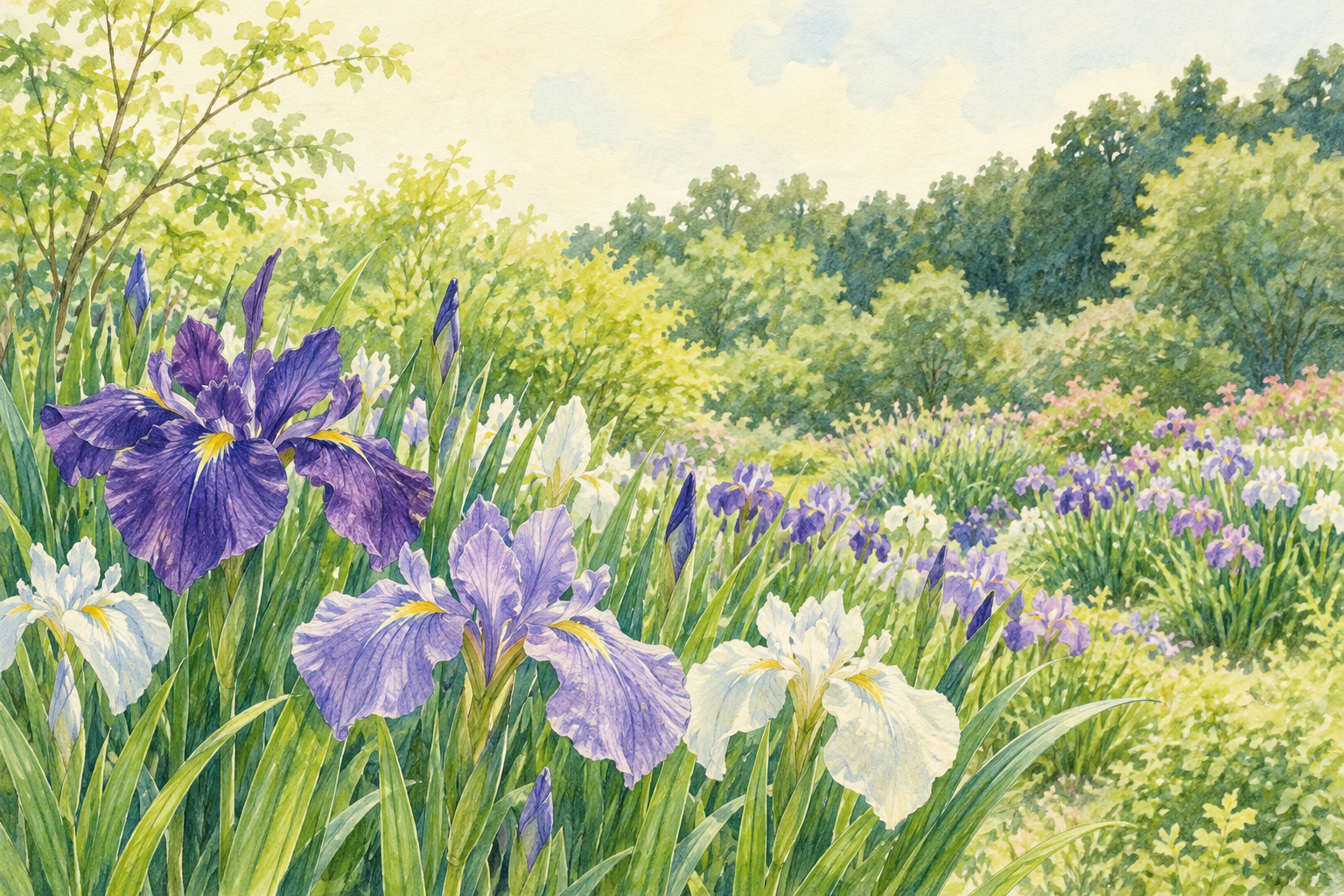 袖ケ浦市の花の風景をイメージした、紫と白の花菖蒲が咲く庭のイラスト