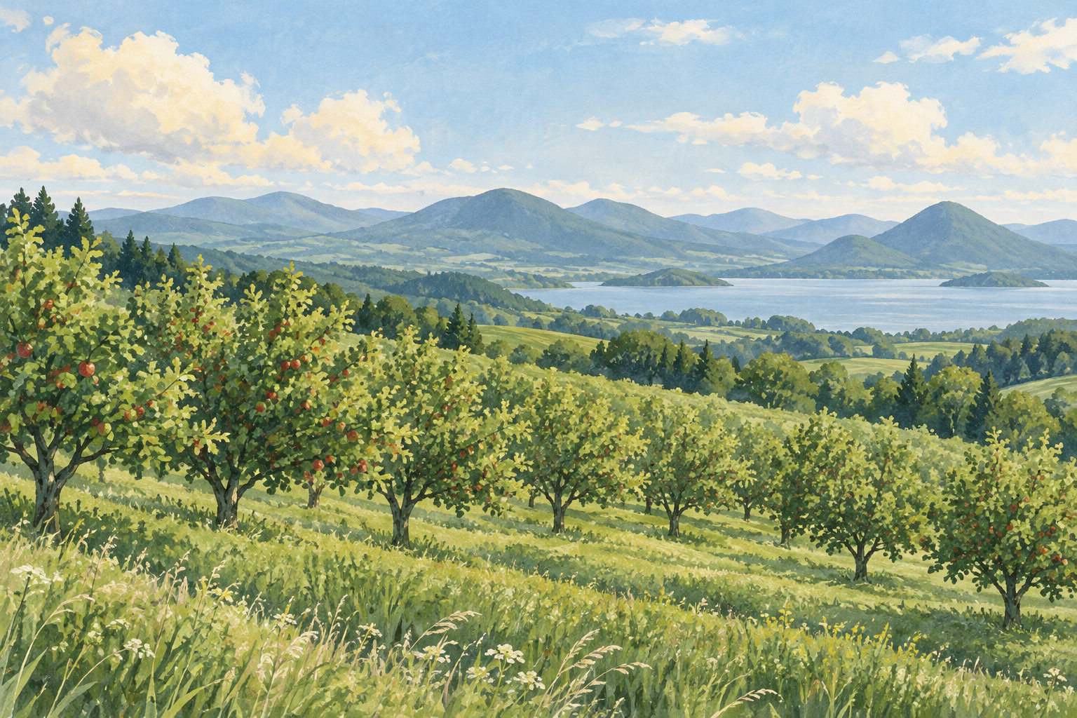 壮瞥町をイメージした果樹の並ぶ丘と遠い山並みのイラスト