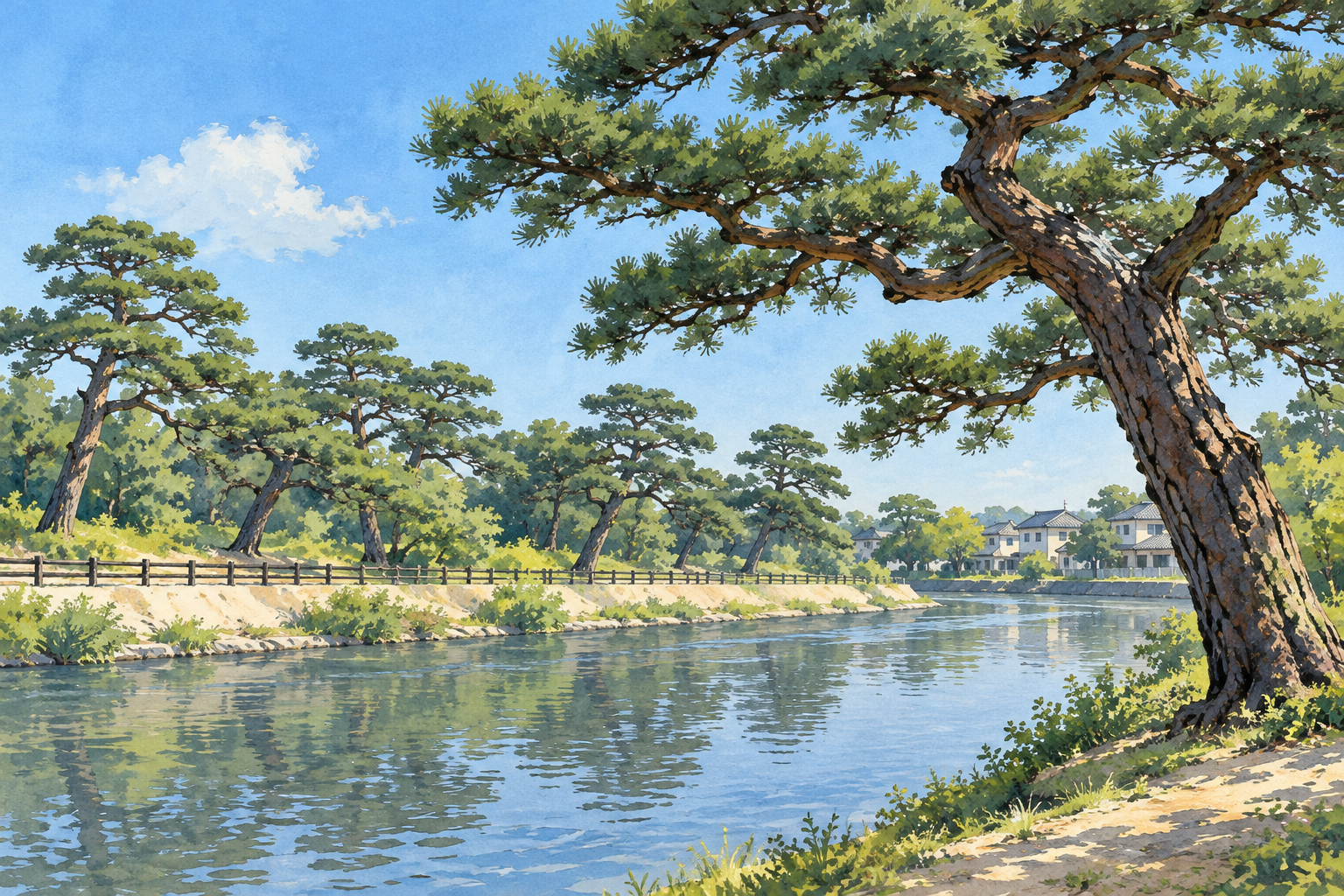 草加松原の景観資料を参考に、松の枝ぶりと川沿いの風景を描いた創作イラスト。実景写真ではありません。