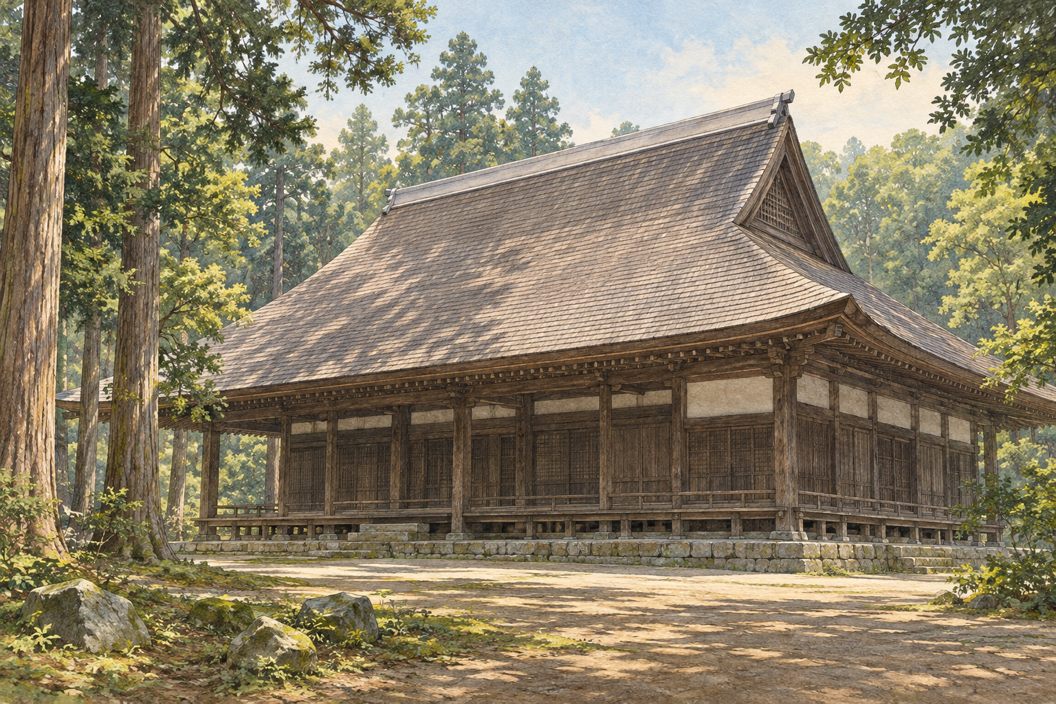 匝瑳市の飯高寺講堂の大屋根と杉林をモチーフにした創作イラスト