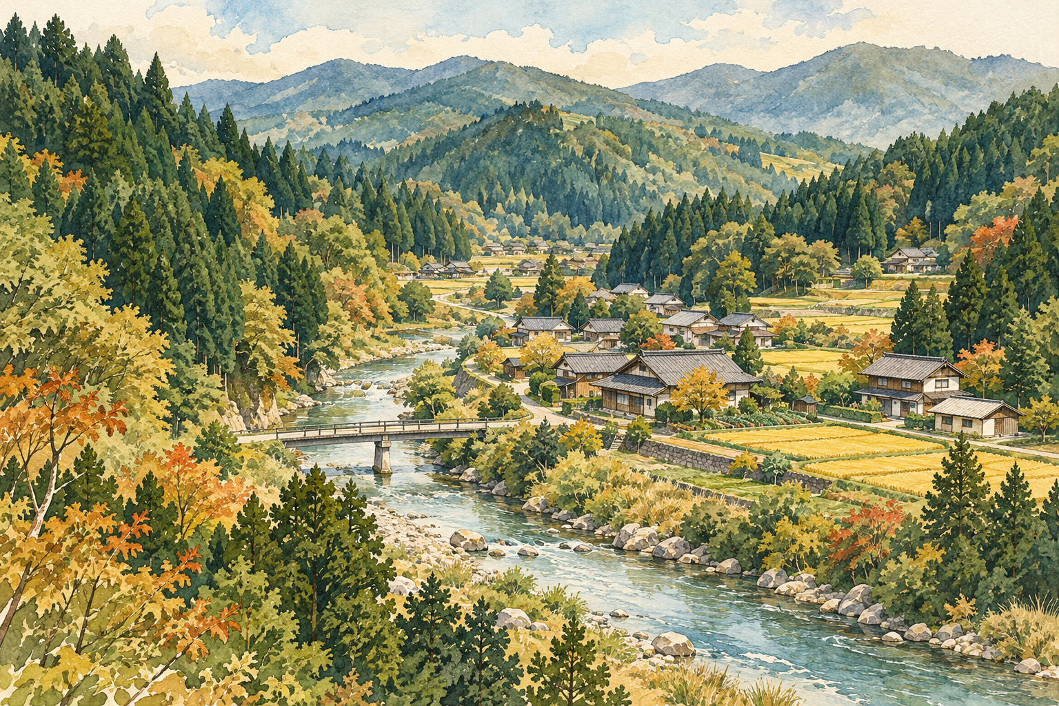 住田町の森と暮らしをイメージした、山あいの川・橋・家々・田畑がある架空の風景のイラスト