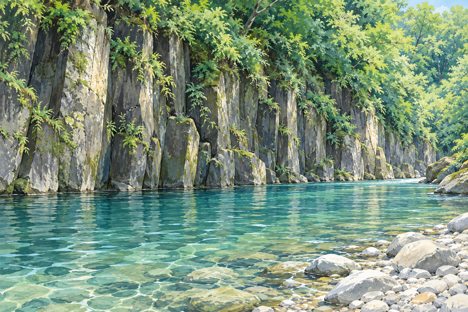 静岡県公式の裾野市・景ケ島渓谷屏風岩の写真をモチーフに、縦に連なる灰色の岩肌と緑、淡い青緑の水面を別構図で描いた創作イラスト。岩の正確な形状や地質、現在の水量や通行・遊泳の状態を示す写真ではありません