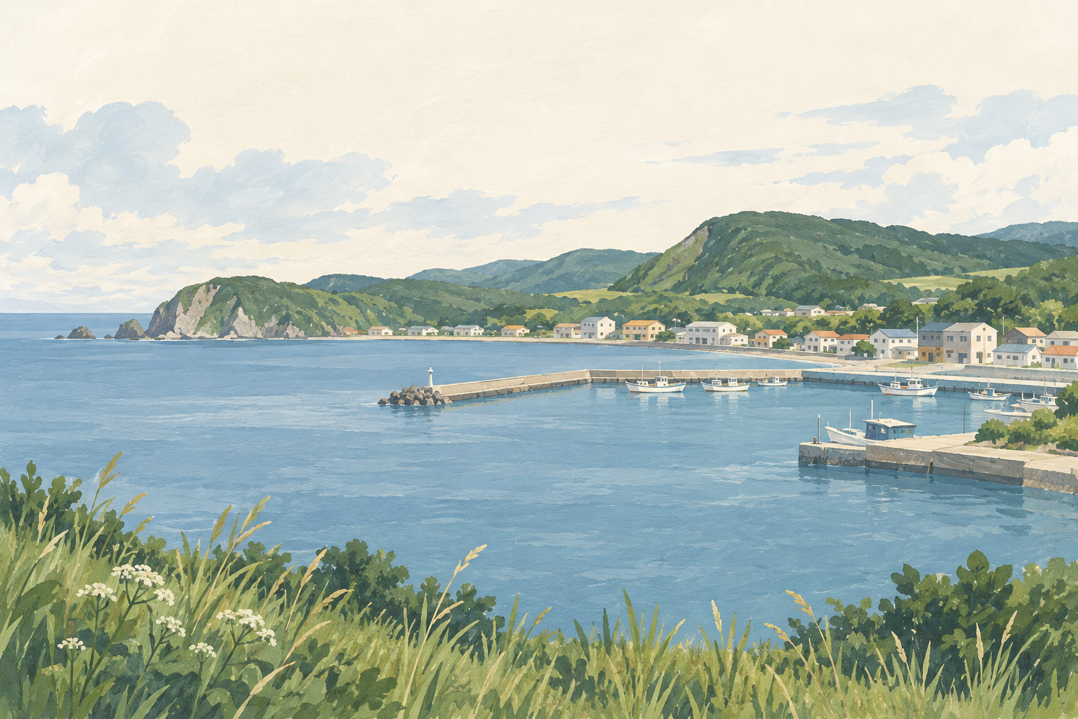 寿都町の雰囲気をイメージした、湾と漁港、海沿いの街並みのイラスト