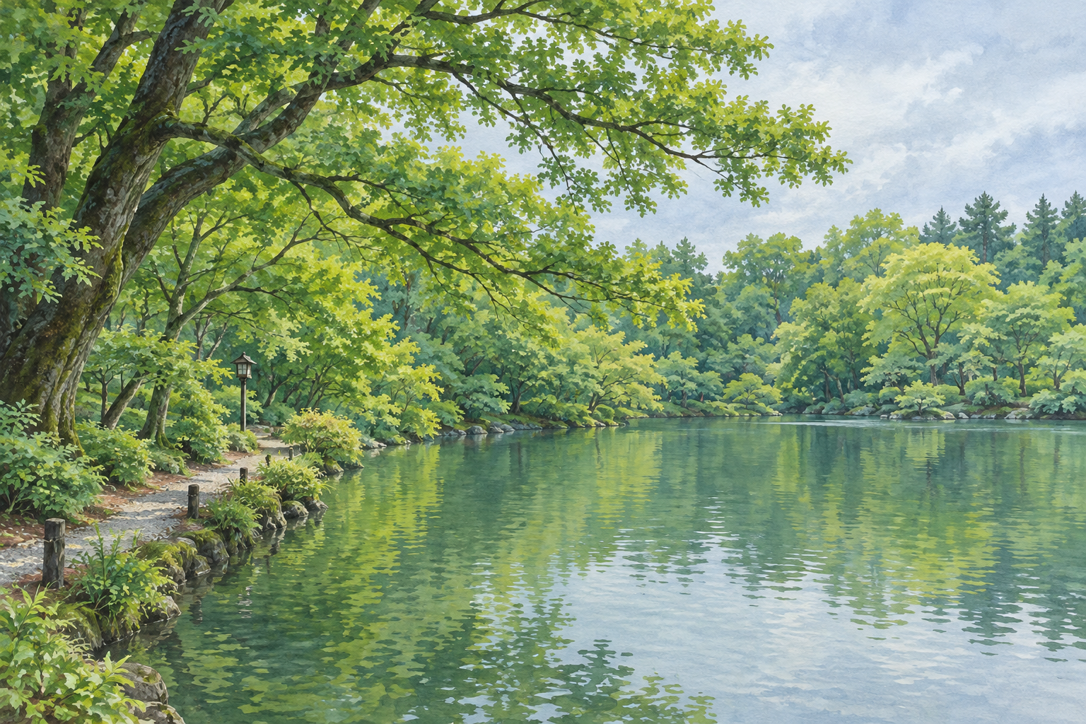 須坂市公式の臥竜公園の緑の季節の写真をモチーフに、木の枝と葉、静かな池、岸沿いの遊歩道を別構図で描く創作イラスト。道や植栽の形は創作と簡略化を含み、現在の季節・眺望や公園への立入・通行・安全を示す写真ではありません