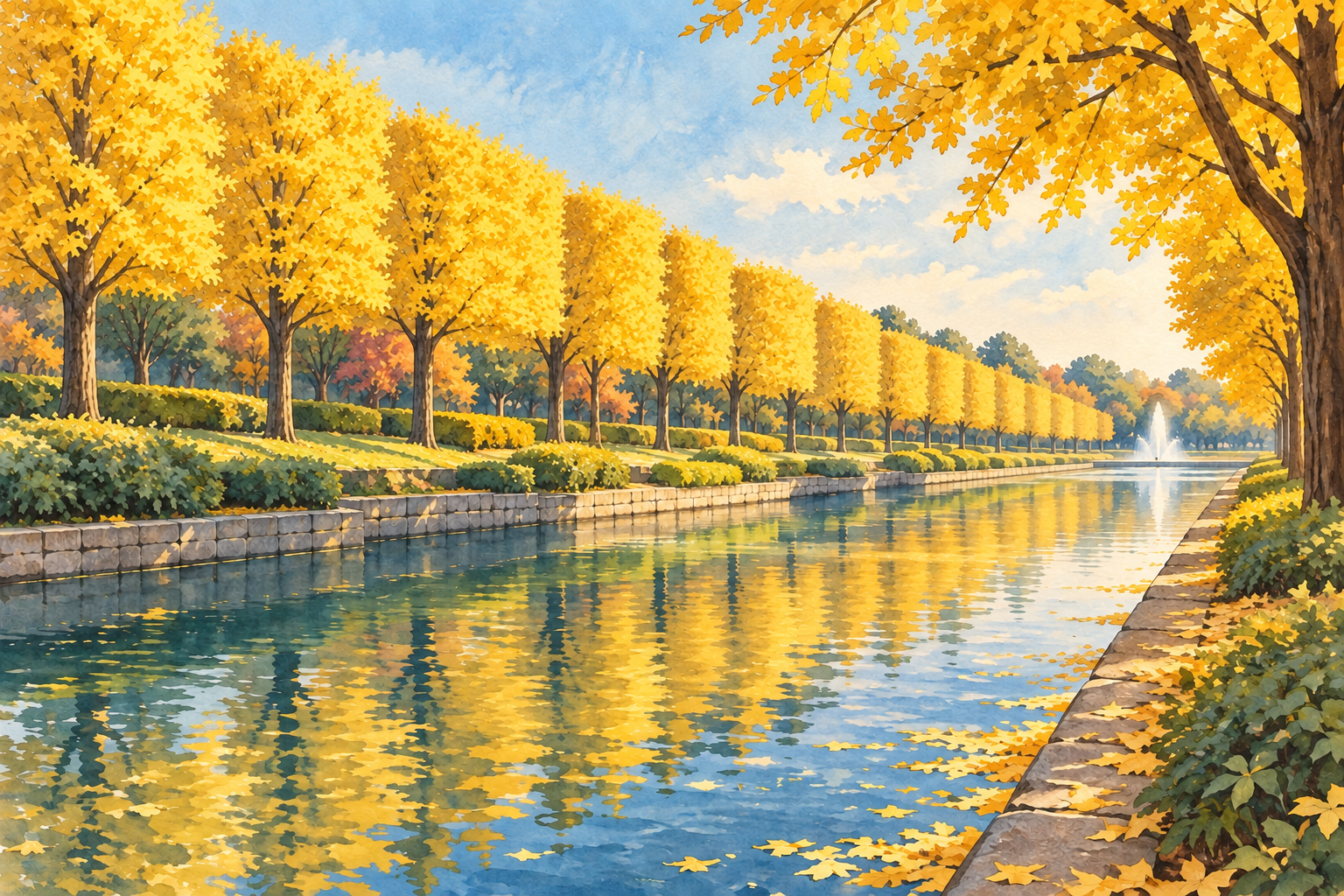 昭和記念公園の立川口カナールをモチーフに、直線の水路と黄葉したイチョウ並木、水面の映り込みを描いた創作イラスト。現在の色づきや営業状況を示す写真ではありません