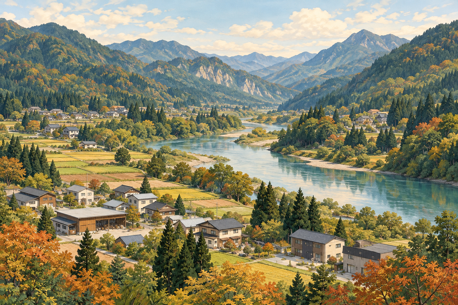 只見町のブナの森に囲まれた山並み、川と田畑、小さな会社やお店がある町をイメージした創作イラスト。特定の鉄橋・ダム・蒸留所・施設の実景、実在企業やBämの拠点ではありません。