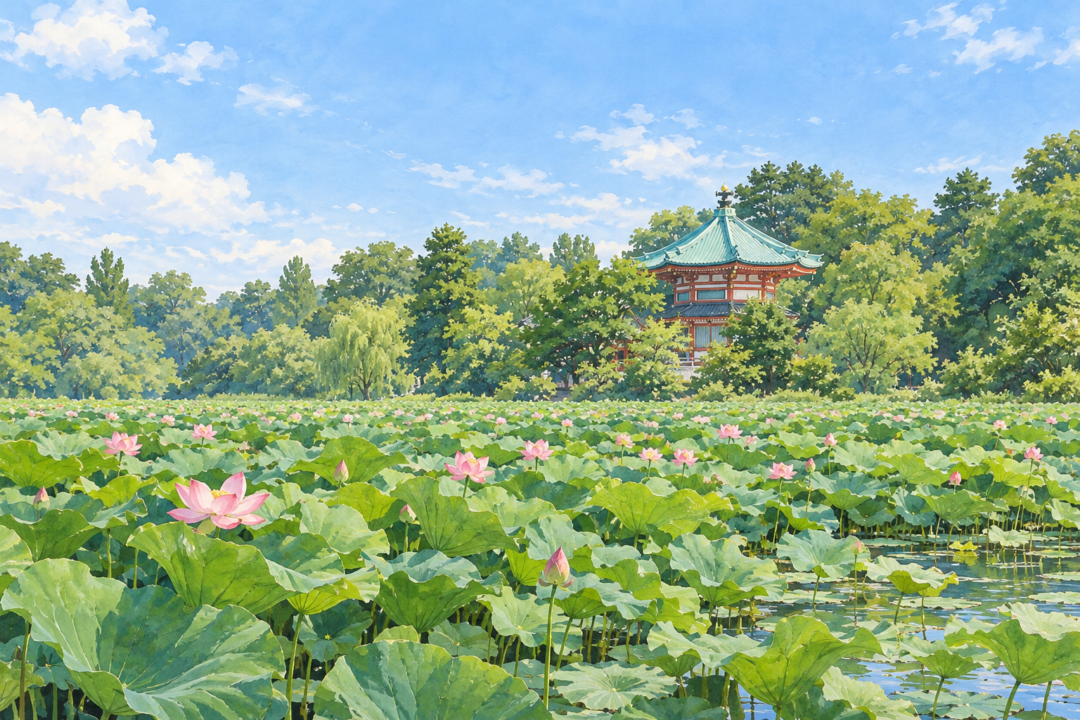 東京都台東区の不忍池をモチーフに、ピンクの蓮と緑の葉、木々の奥の緑青色の屋根を描いた創作イラスト