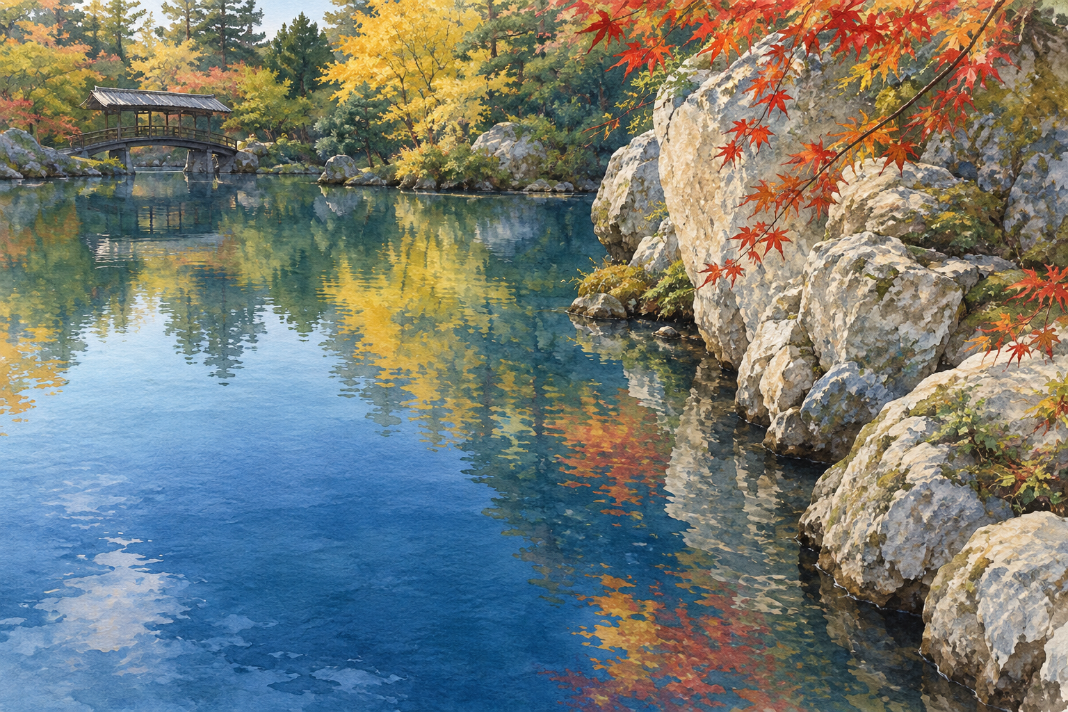 多治見市の永保寺庭園の公的写真をモチーフに、右近くの淡い岩と秋色の葉、青い池の水面、左奥の屋根付きの小さな橋を別構図で描いた創作イラスト