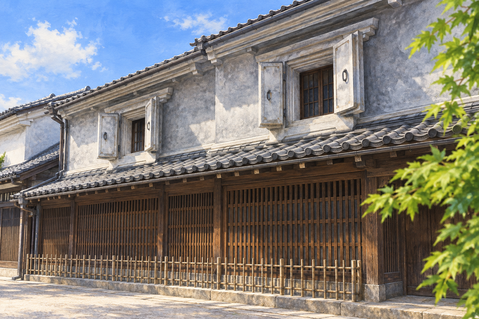 高岡市山町筋の掲載写真をモチーフに、灰色の土蔵造りの外壁と窓、茶色い木格子や軒の瓦、端の緑の葉を描いた創作イラスト。建物や窓・格子・瓦・植生・光と配置は創作と簡略化を含み、正確な建築や現在の外観・営業・通行・安全を示す写真ではありません