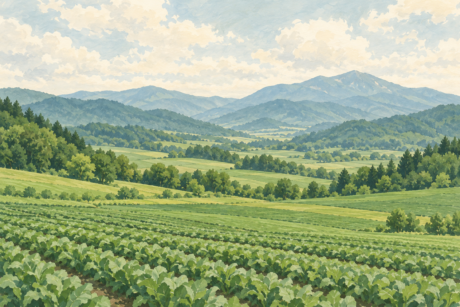 滝上町をイメージした緑の畑と森林の山並みのイラスト