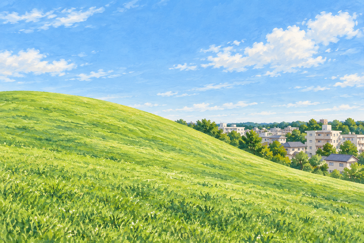 多摩市の鶴牧東公園をモチーフに、丸みのある芝生の丘と、奥の住宅や木々を描いた創作イラスト。正確な地形や建物配置、現在の園内状況を示す写真ではありません