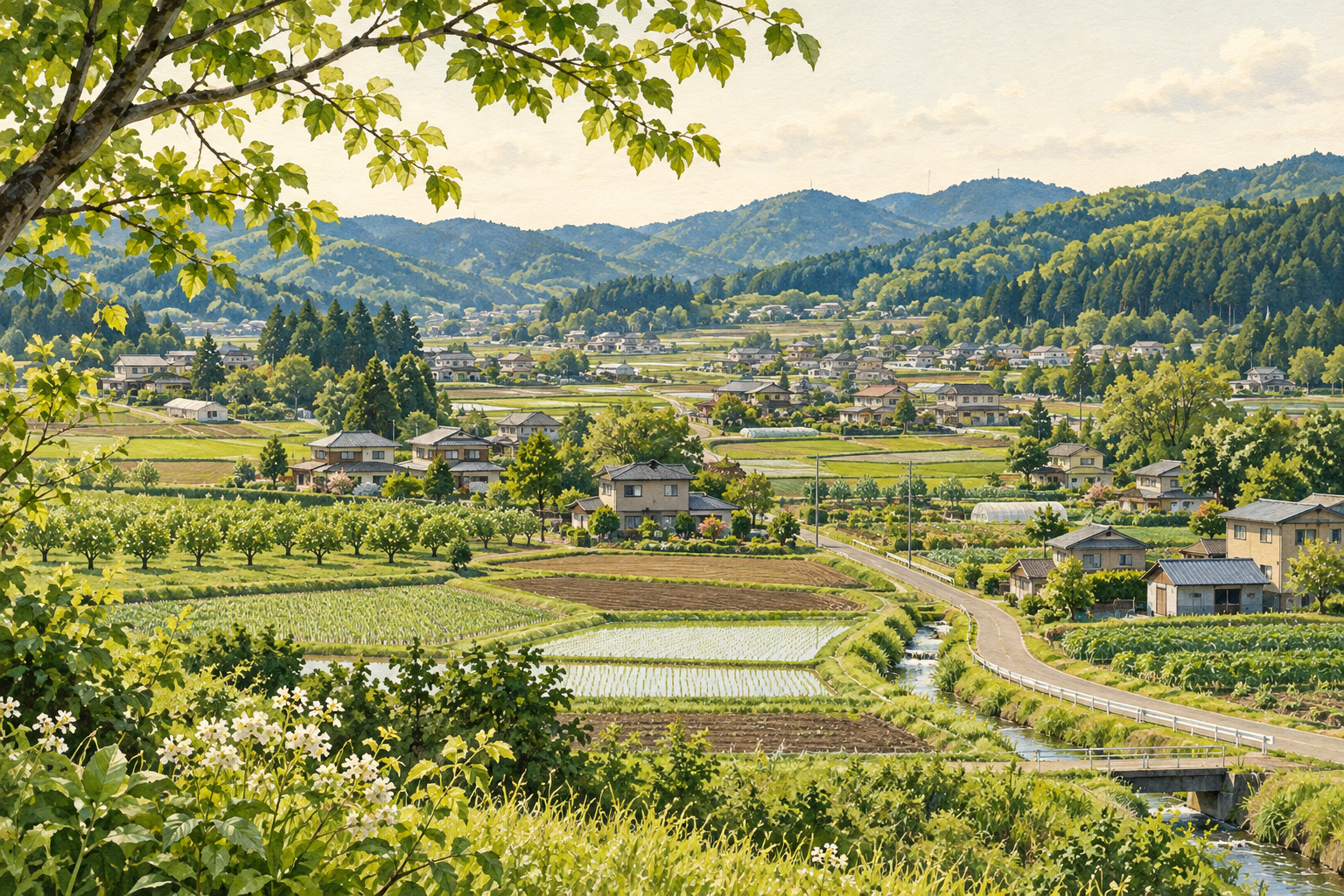 福島県玉川村の阿武隈の丘と田畑、現代の会社・お店のある暮らしをイメージした創作イラスト。特定の工場・石材店・自転車施設・空港・道路の実景、Bämの拠点ではありません。
