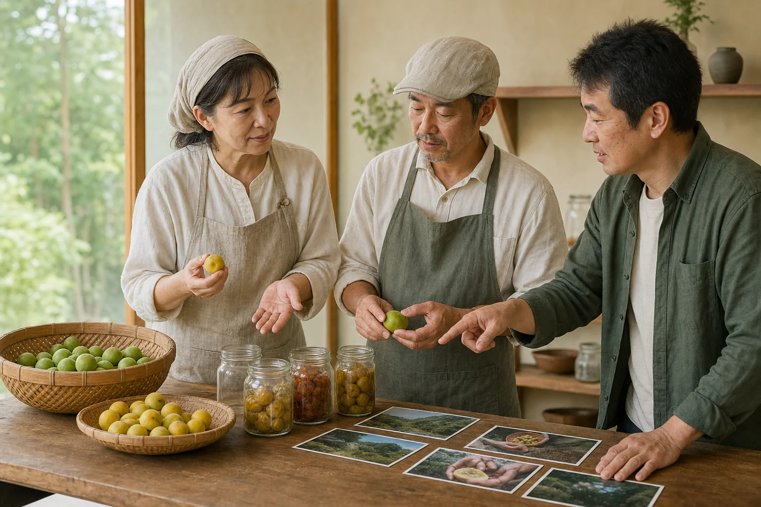 地域商品と案内図を机に並べ、販売、体験、会社紹介の見せ方を話し合う様子