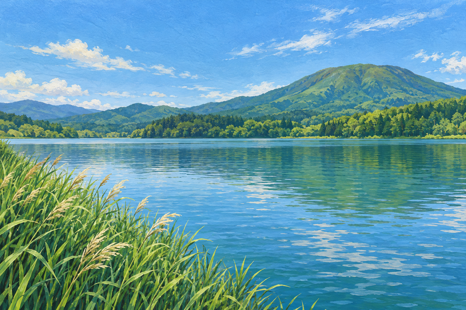 立科町の女神湖の景観をモチーフに、湖面と緑の山、岸辺の草を別構図で描いた創作イラスト。山や岸・水面の形と配置は創作と簡略化を含み、正確な地形や現在の湖面・天候、岸辺の通行安全を示す写真ではありません