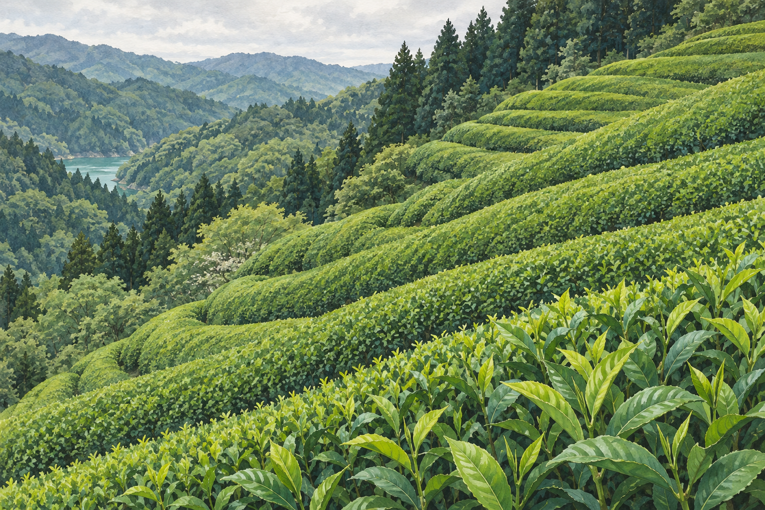 天龍村の茶畑と谷の景観をモチーフに、手前の茶の葉と斜めに続く畝、左奥に少し見える水面を別構図で描いた創作イラスト。畑や川、山の形と配置は創作と簡略化を含み、正確な地形や現在の栽培、立入条件を示す写真ではありません