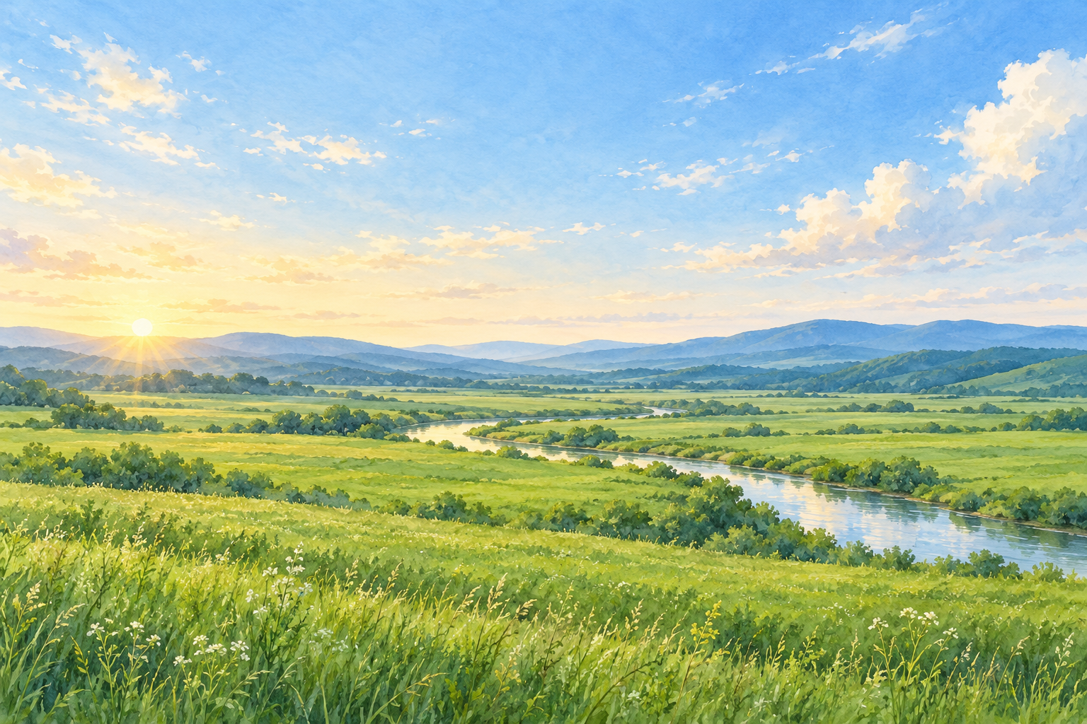 天塩町をイメージして描いた、朝の草地と川のある風景のイラスト
