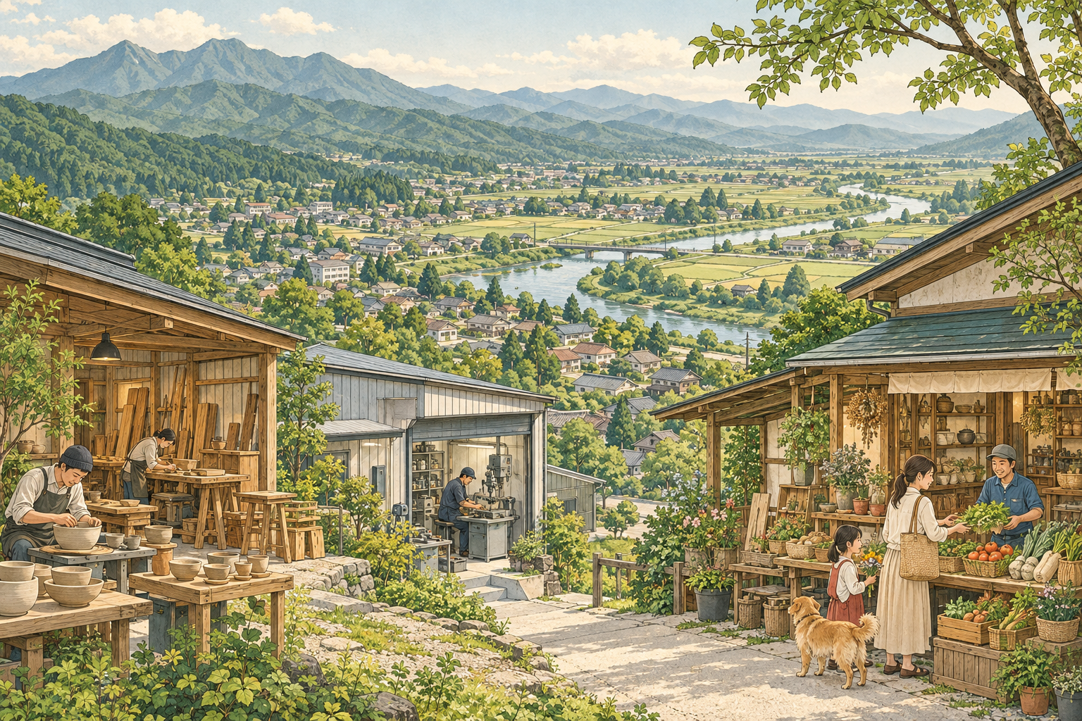 栃木県の山並みから田園と町へ続く風景、ものづくりの工房や店、人々の暮らしを組み合わせた創作イラスト。特定の場所や実在の企業・工房・店舗の実景、Bämの拠点ではありません。