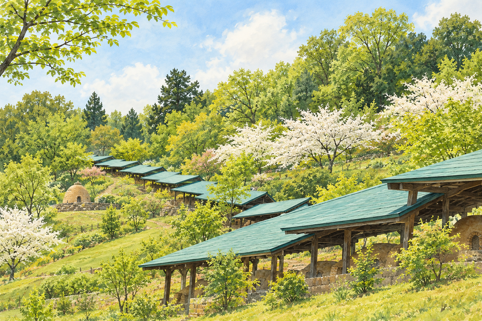 土岐市公式の織部の里公園写真で見られる青緑の連続屋根と白い花木をモチーフに、右手前の屋根から緑の斜面を見上げる別構図で描いた創作イラスト