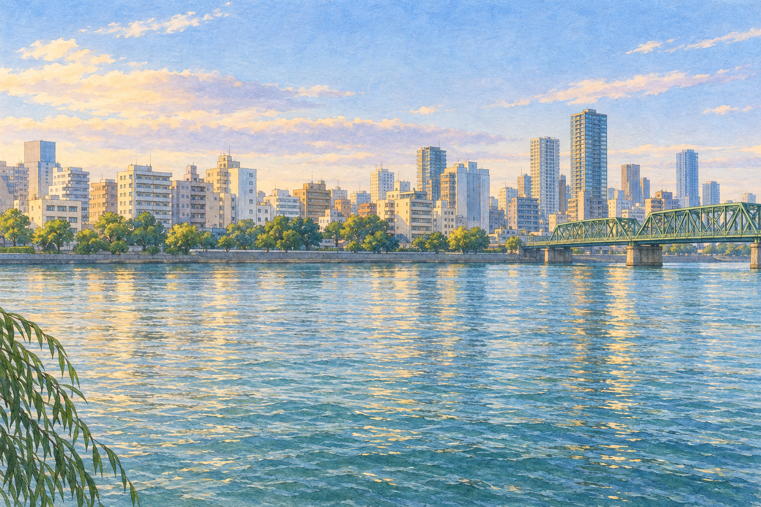 東京の隅田川の水辺をモチーフに、広い青緑の川と対岸の建物、低い橋と木立を描いた創作イラスト
