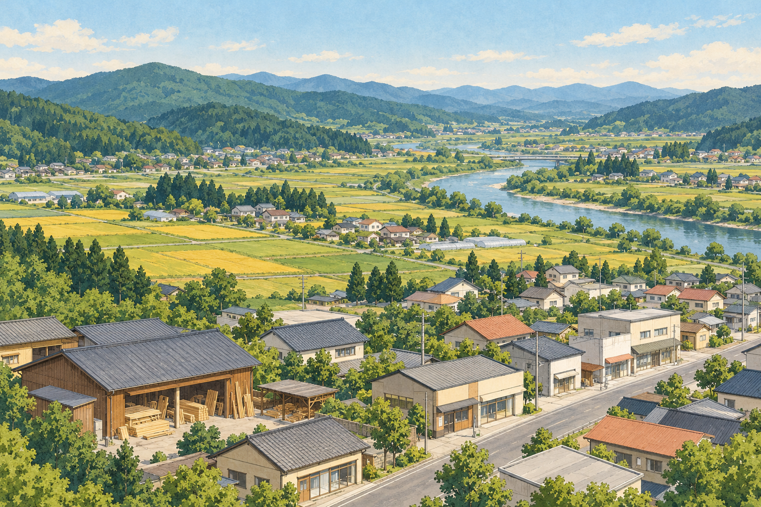 登米をイメージした、木工の作業場と低い店舗、田畑に点在する家々、川と緑の丘が広がる架空の風景のイラスト