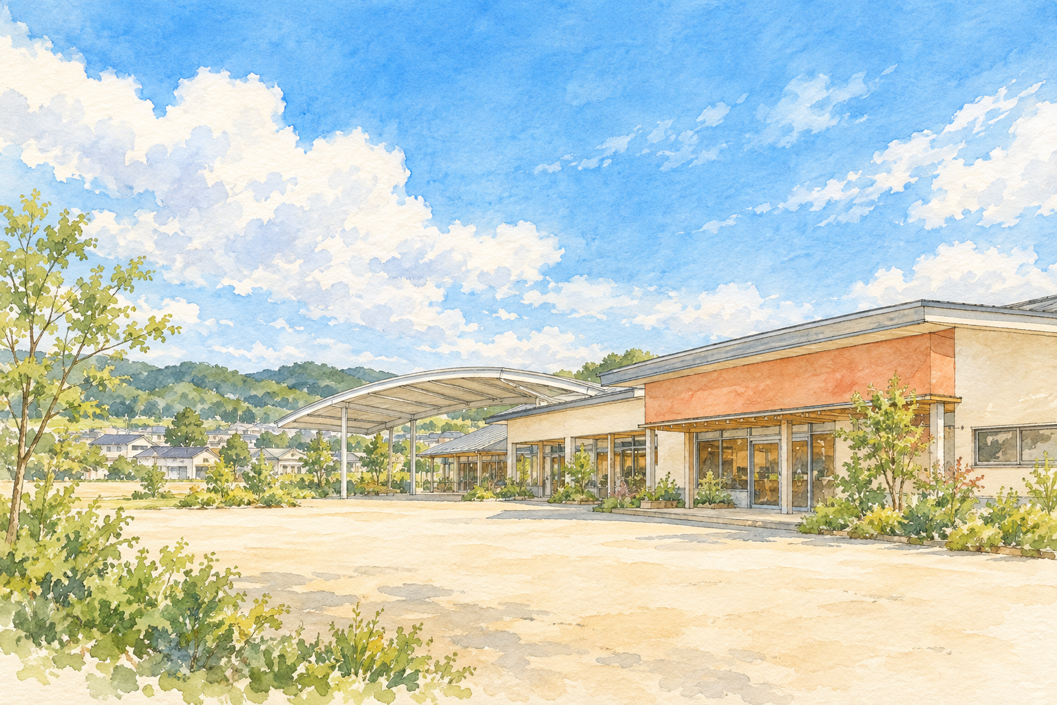 富加町の半布里の郷とみかの外観をモチーフに、淡い屋根と曲線のひさし、落ち着いた朱色の低い建物と広い空を描いた創作イラスト