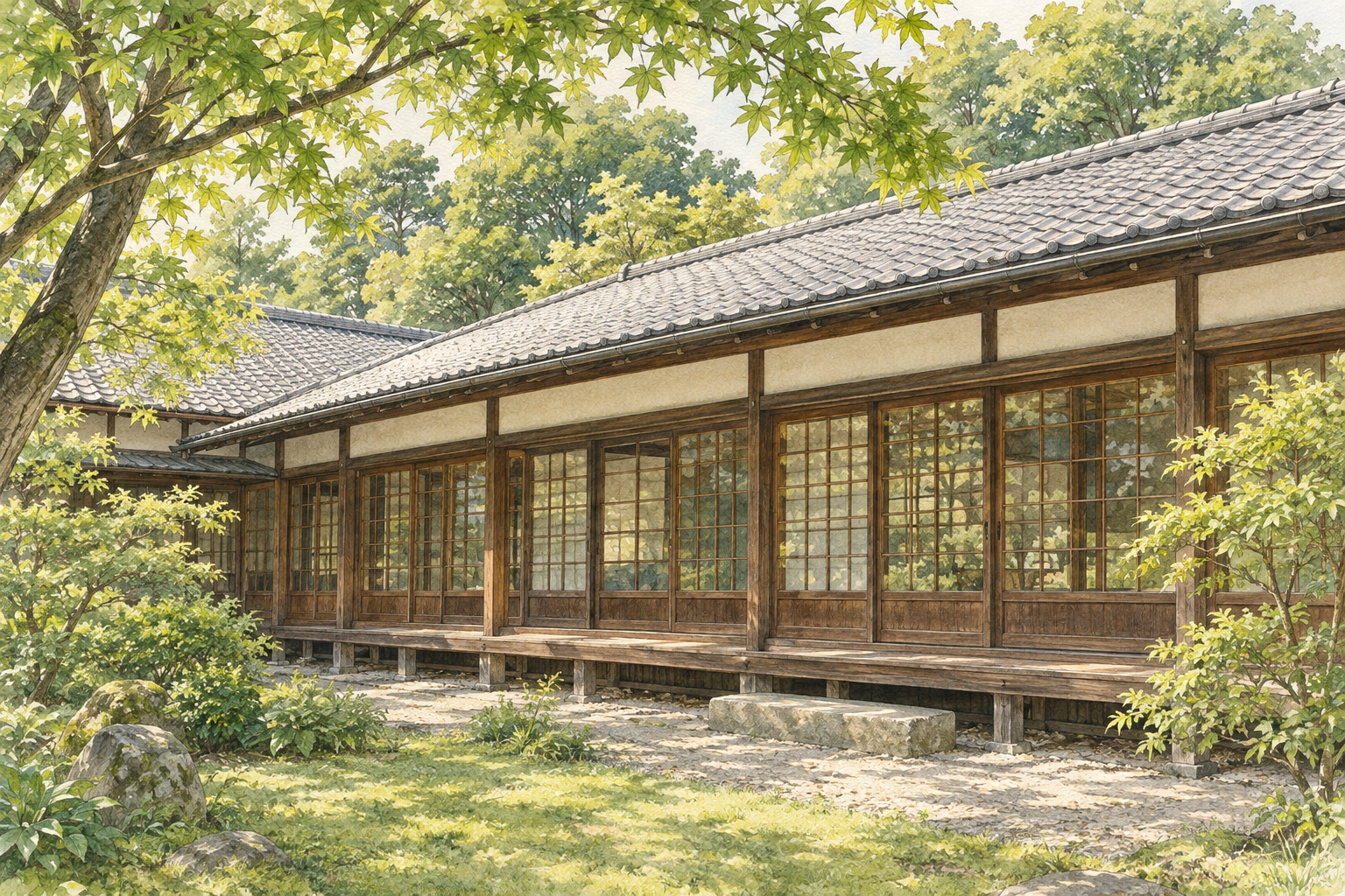 富里市の旧岩崎家末廣別邸の低い瓦屋根と庭木をモチーフにした創作イラスト