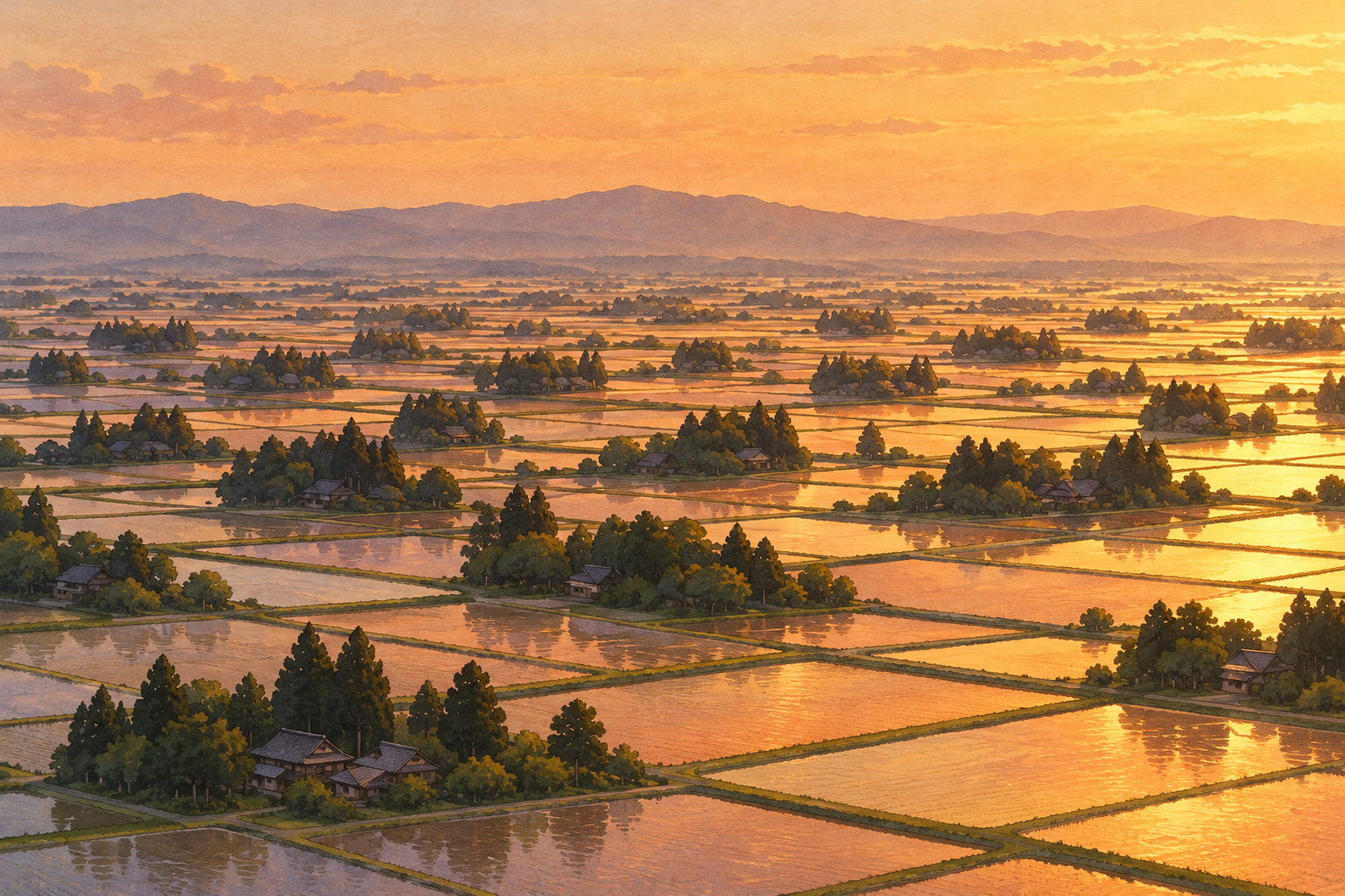 富山県が紹介する砺波平野の散居村の掲載写真をモチーフに、夕方の光を映す四角い水田と、屋敷林に囲まれ点在する家々を描いた創作イラスト。家や田畑・林・丘・光・配置は創作と簡略化を含み、正確な地形や現在の季節・営農・通行・安全を示す写真ではありません