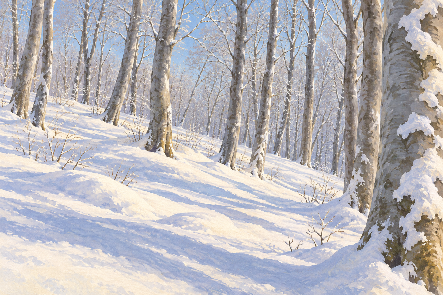 十日町市の美人林をモチーフに、雪の斜面と細いブナの幹、青い影を描いた創作イラスト。木々や雪、地形と配置は創作・簡略化を含み、現在の積雪・天候・営業・通行や安全状況を示す写真ではありません